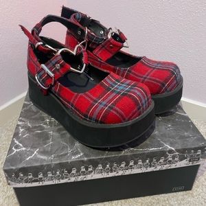 Demonia Mary Janes, red plaid, size 7